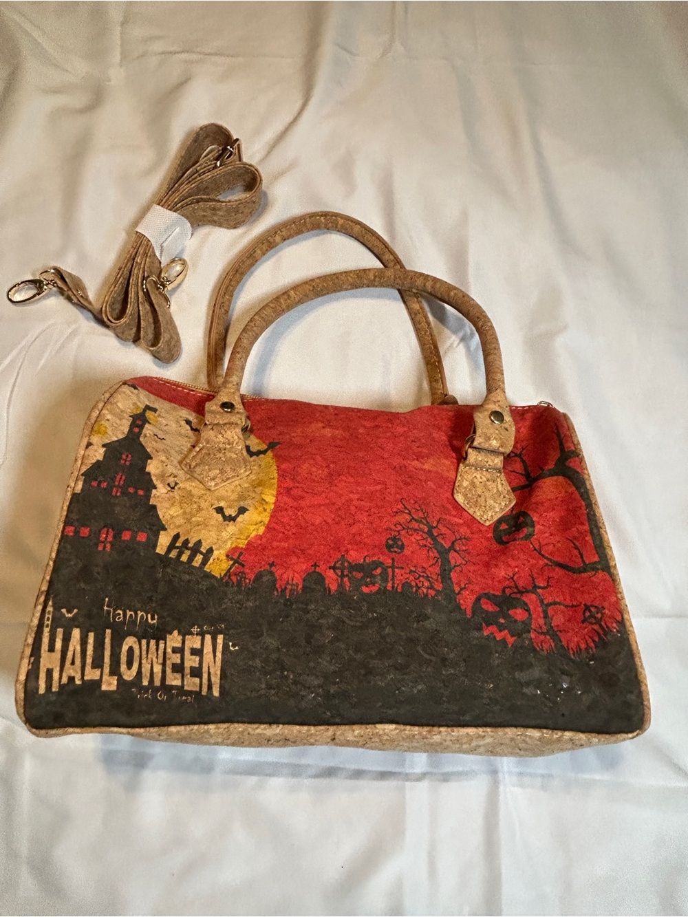 Halloween Cork Handbag Purse Haunted House Pumpkin Crossbody Shoulder Bag - Picture 2 of 5